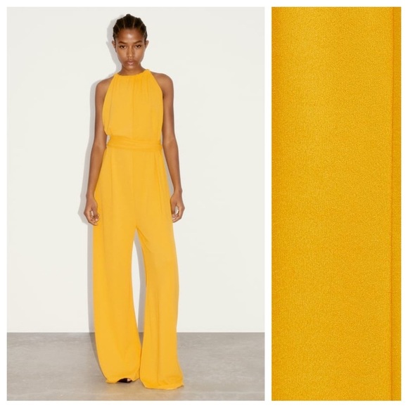 NWT. Zara Mustard/Golden Yellow Wide Leg Flowy Jumpsuit with Belt. Size S. - Picture 1 of 10